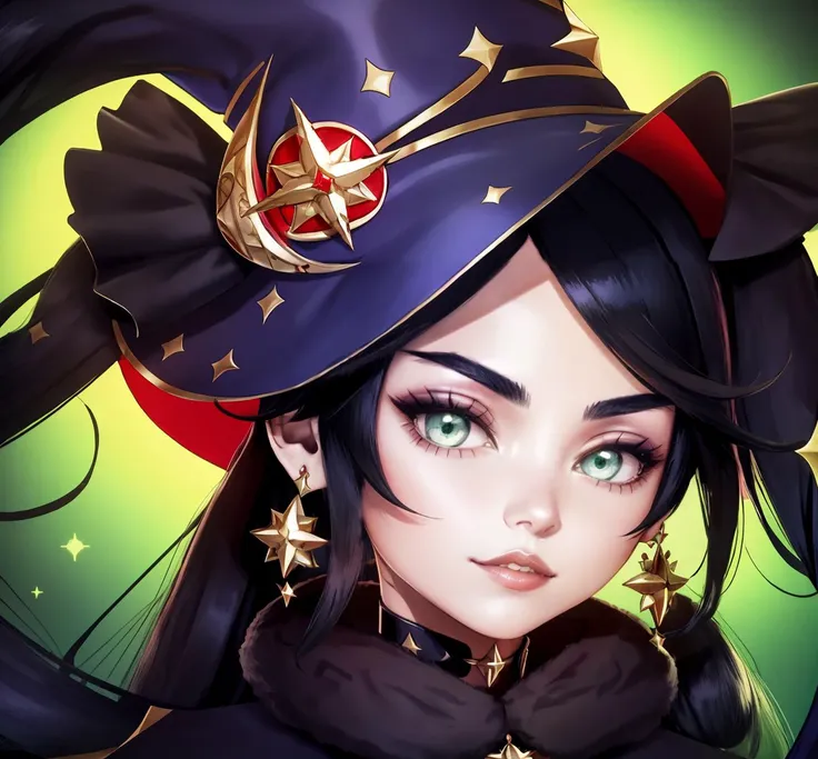 solo, earrings, black hair, choker, 1girl, jewelry, looking at viewer, green eyes, mona \(genshin impact\), witch hat, black background, head tilt, cape, twintails, shaft look, hair between eyes, hat, sidelocks, parted lips, long hair  <lora:Monav3:0.8> Mona,