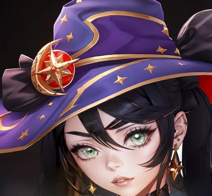 solo, earrings, black hair, choker, 1girl, jewelry, looking at viewer, green eyes, mona \(genshin impact\), witch hat, black background, head tilt, cape, twintails, shaft look, hair between eyes, hat, sidelocks, parted lips, long hair  <lora:Monav3:0.8> Mona,