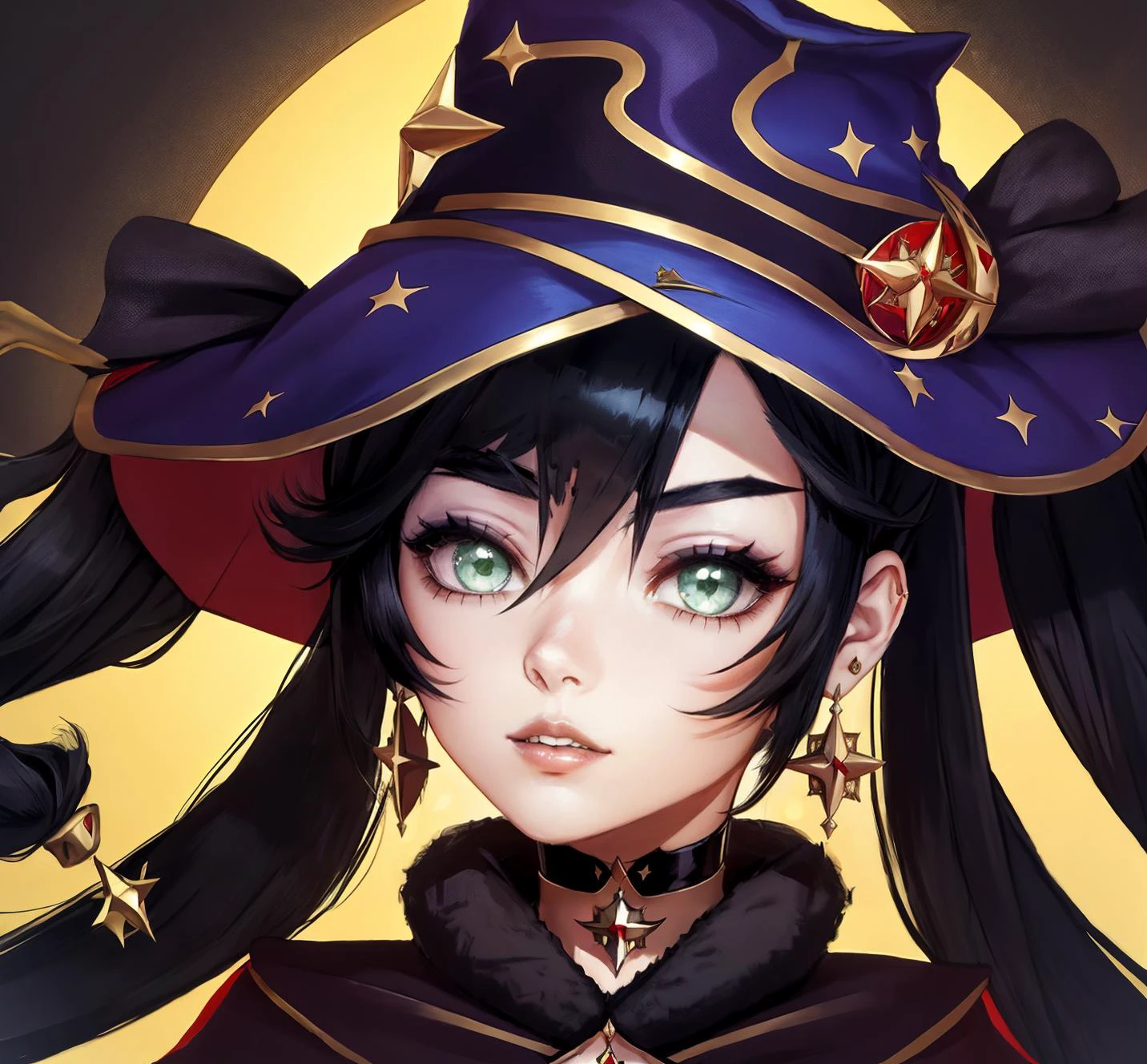 solo, earrings, black hair, choker, 1girl, jewelry, looking at viewer, green eyes, mona \(genshin impact\), witch hat, black background, head tilt, cape, twintails, shaft look, hair between eyes, hat, sidelocks, parted lips, long hair <lora:Monav3:0.8> Mona,