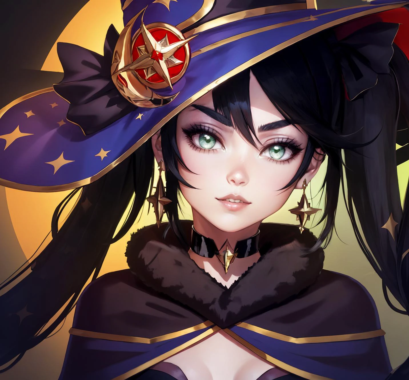 solo, earrings, black hair, choker, 1girl, jewelry, looking at viewer, green eyes, mona \(genshin impact\), witch hat, black background, head tilt, cape, twintails, shaft look, hair between eyes, hat, sidelocks, parted lips, long hair <lora:Monav3:0.8> Mona,