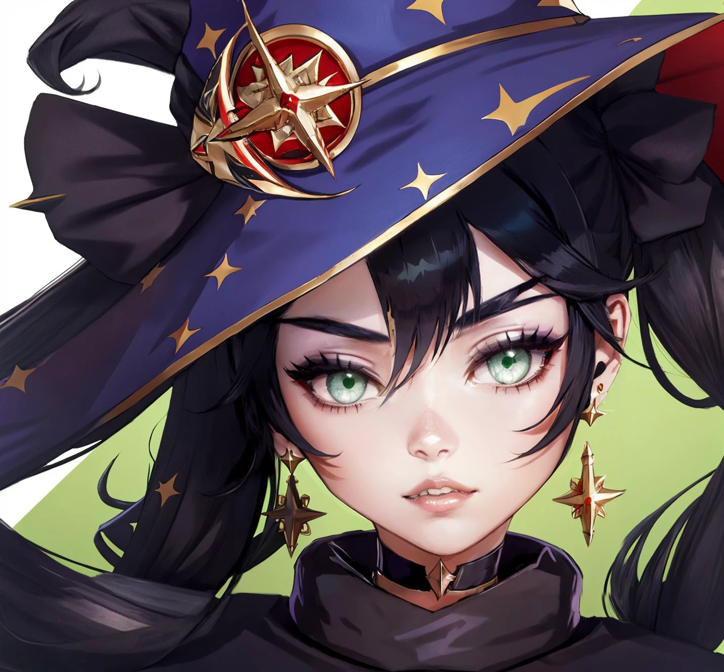 solo, earrings, black hair, choker, 1girl, jewelry, looking at viewer, green eyes, mona \(genshin impact\), witch hat, black background, head tilt, cape, twintails, shaft look, hair between eyes, hat, sidelocks, parted lips, long hair <lora:Monav3:0.8> Mona,