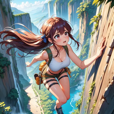 (((masterpiece))), (((best quality))), (((from above))), (((full body))), (((free solo climbing))), ((hands on cliff)), ((raise head)), ((sweat)), ((tan skin)), ((fluttering hair)), ((sneakers)), feet off the ground, pendant, crop top, shorts, holster, fog, sky, jungle, canyon, high sky, wind, solo, 1girl, cleavage, ((big tits)), open mouth, auburn hair, longhair, ribbon, shy, blush, slim figure, <lora:girllikefreesoloclimbing:0.8>