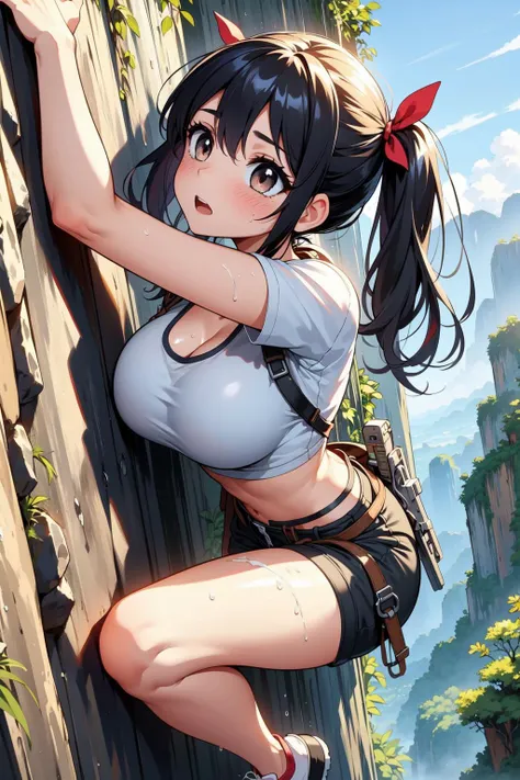 (Clamber up rock walls:1.3),Mountain wall,Rock Climbing,Rock climber,Woman climbing a rock wall alone, her hair whipping in the wind as she navigates a challenging rock climbing route, her gear and ropes trailing behind her.Anti-slip powder at waist belt,Tubular Waist Pouch,Belt Harness Lifeline,Especially while reflecting elements of Western beauty.Woman with natural smile and attractive expression,Transparent skin,Short-cut hair with shiny silver and orange stripes,(poneyTail:1.3),huge tit,Sportsbra,leggins,(The 8k quality,masutepiece,top-quality,Ultra-high resolution output image,),(Highly detailed raw photos:1.3),(Image Mode Ultra HD),(Parameter Mode Kaibo 2.0),Studio Ghibli style quality,