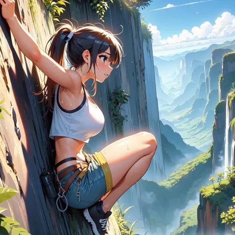 (((masterpiece))), (((best quality))), (((from side))), (((dutch angle))), (((free solo climbing))), ((hands on cliff)),((feet off the ground)), ((raise head)), ((sweat)), ((tan skin)), ((fluttering hair)), (pendant), (crop top), (shorts), (sneakers), holster, fog, sky, jungle, canyon, high sky, wind, solo, 1girl, cleavage, (big tits), ribbon, shy, blush, slim figure, <lora:girllikefreesoloclimbing:0.8>