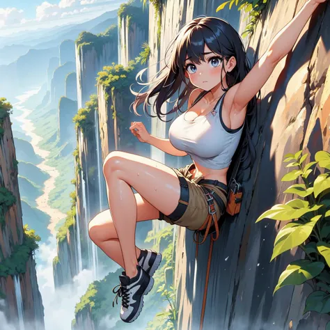 (((masterpiece))), (((best quality))), (((full body))), (((free solo climbing))), ((hands on cliff)), ((raise head)), ((sweat)), ((tan skin)), ((fluttering hair)), ((sneakers)), (feet off the ground), (pendant), (crop top), (shorts), holster, fog, sky, jungle, canyon, high sky, wind, solo, 1girl, cleavage, ((big tits)), ribbon, shy, blush, slim figure, <lora:girllikefreesoloclimbing:0.8>