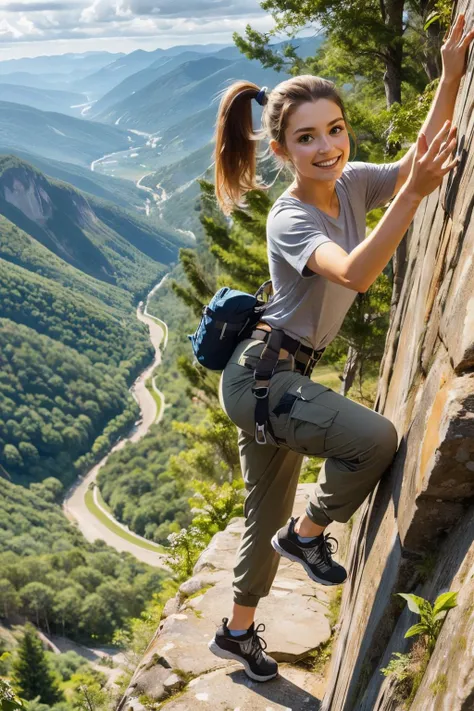 climbing, hands on cliff, mountain, park, sunny, high quality, masterpiece <lora:girllikefreesoloclimbing:.8>
 <lora:KFE:.7>, ponytail, shirt, cargo pants, shoes, looking serious, smiling,