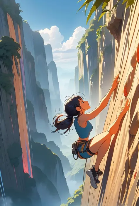 (masterpiece, best quality), 1girl, <lora:girllikefreesoloclimbing:1> (((free solo climbing))), ((hands on cliff)), ((raise head)), ((sweat)), ((fluttering hair)), ((sneakers)), ((pendant)), (crop top), (shorts), holster, fog, sky, jungle, canyon, high sky,