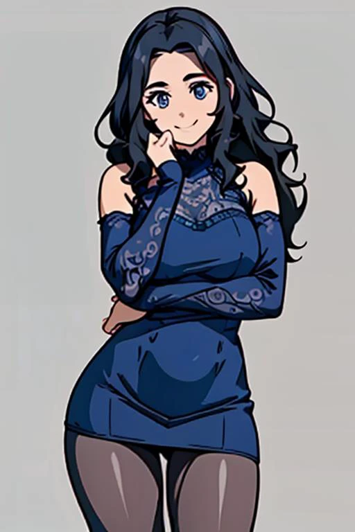 (masterpiece:1.4), high quality, high definition, sharp focus, detailed face, anime, best quality, 4k, 8k, absurd resolution, intricate detail, detailed hands, detailed eyes, animation, illustration, highly detailed, highres, extremely detailed, simple background, <lora:ETO_OCC002:0.7> ETO_OCC, 1girl, black hair, curly hair,longhair, thick eyebrows, (gentle smile:1.4), (smiling), <lora:hyperdenoiser_v090:0.6>, <lora:hyperrefiner_v090:0.6>, (looking at viewer:1.4), <lora:LCM_LoRA_Weights_SD15:0.6> <lora:pytorch_lora_weights:0.6>, white background, <lora:Blue lace shoulder dressv1:0.4> (black pantyhose:1.3),(solo:1.3), (blue lace shoulder dress:1.3), sensual stance,