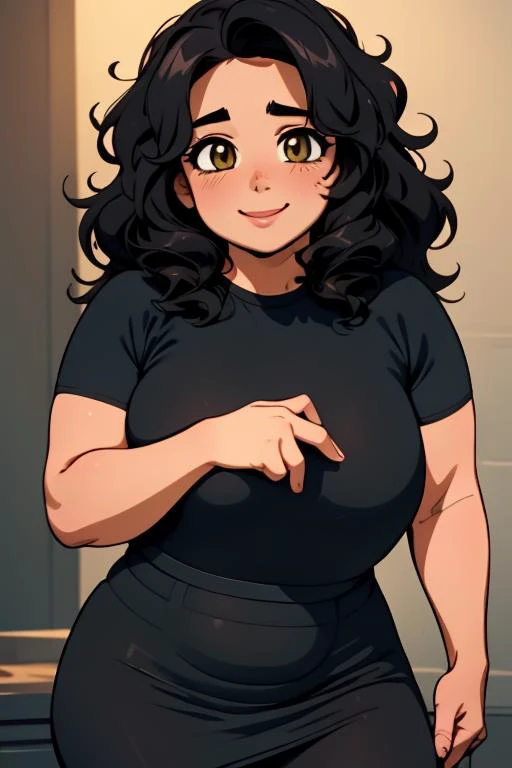 (masterpiece:1.4), high quality, high definition, sharp focus, detailed face, anime, best quality, 4k, 8k, absurd resolution, intricate detail, detailed hands, detailed eyes, animation, illustration, highly detailed, highres, extremely detailed, <lora:ETO_OCC002:0.7> ETO_OCC, black hair, curly hair,longhair, thick eyebrows, <lora:hyperdenoiser_v090:0.6>, (looking at viewer:1.4), (plump:1.2), (hazel eyes:1.3), <lora:mesugaki-10:0.7>, smile, blush, <lora:ackneellengthteeshirtBD2:1> black tee shirt dress, ackneellengthteeshirtBD, short sleeves, person/regular/poses