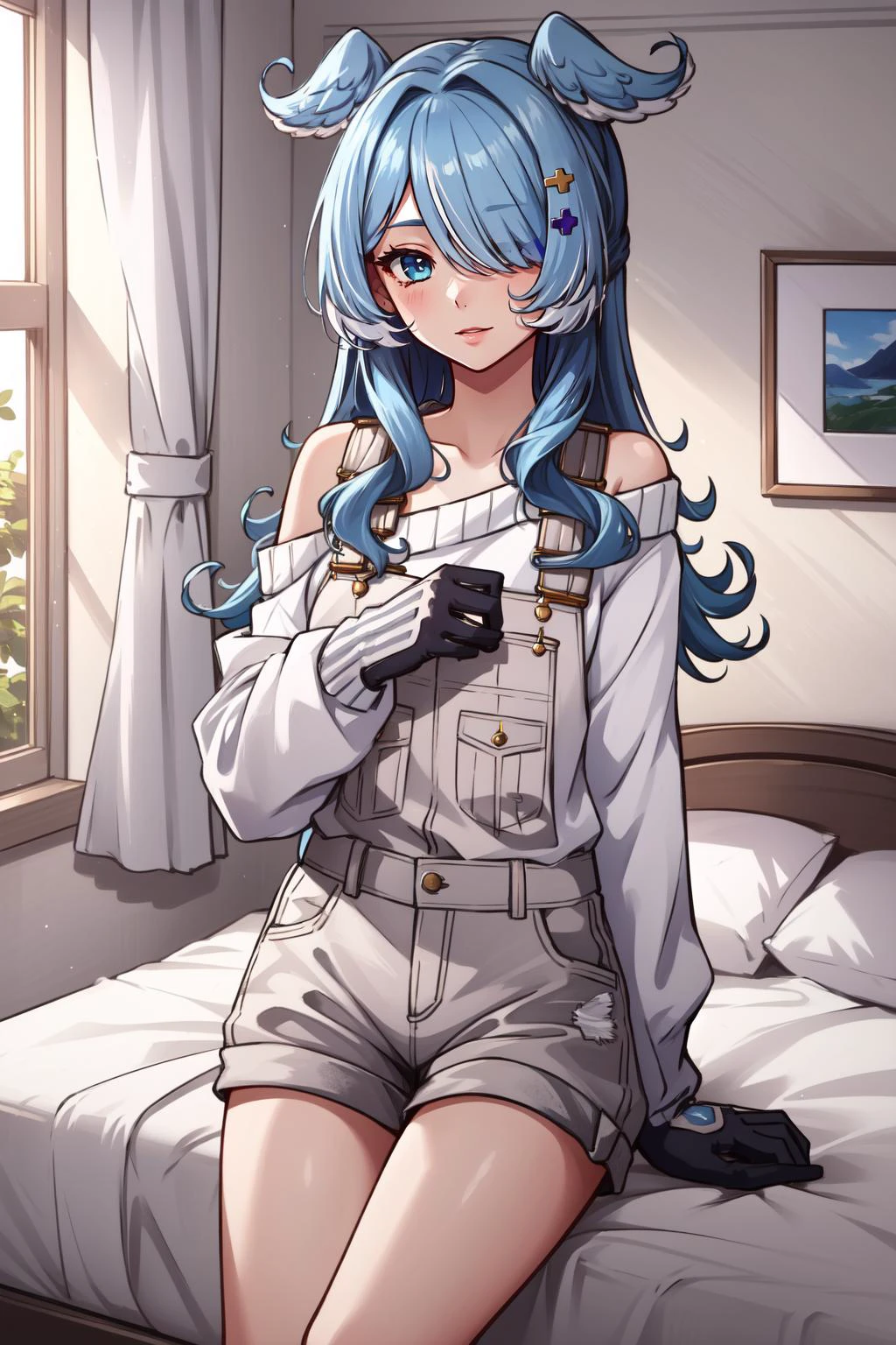(masterpiece, best quality), intricate details,
1girl, <lora:eliraPendora-09:0.8>elira1st, long sleeves, overalls, white sweater, off shoulder, grey gloves, one eye covered, overall shorts
indoors, bedroom,