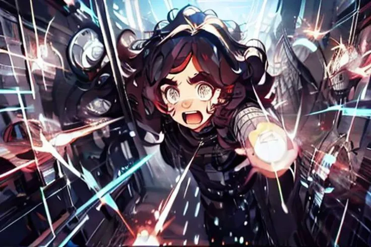 high quality, detailed face, anime, best quality, masterpiece, 4k, 8k, absurd resolution, cinematic lights, intricate detail, detailed hands, detailed eyes, animation, illustration, highly detailed, highres, extremely detailed, detailed background, perfect eyes, perfect face, (woman, thick, plump, curvy, chubby, (black hair), (curly hair), wavy hair, bangless hair, (hairless forehead:1.3), round face, fluffy hair,<lora:neg4all_bdsqlsz_V3.5:0.6> <lora:a_line_hairstyle:0.4> a_line_haircut, a line haircut, (long hair:1.3), messy hair, <lora:marugao:1>), <lora:tareme_eyes:1> tareme eyes, (gradient hazel eyes:1.4), ringlets, atmospheric lighting, round face, high definition, sharp focus, OverallDetail, mature female, 1girl, deep shadow, dimly lit, shade, medium breasts, apple cheeks, big belly, belly overhang, <lora:curly_hair_slider_v11:2>, <lora:eyebrows_slider_v1:1.6>, BodyPositive, prettify, hotify, animification, bbw, pale skin, fat face, <lora:neg_bdsqlsz_V2:1>, pureerosface_v1, <lora:Concept_Plump:1> Chubby, Plump, Fat, Fat Rolls, belly, thick thighs, <lora:middle_parting_hairstyle:0.4> middle_parting_hairstyle, (middle parting hairstyle:1.4), round nose, shocked, :o, screaming, surprised, <lora:1652080898649055278:0.5> 3153PPgirl, <lora:avoidBeam:1> firing, laser, debris, explosion, open mouth, dodging laser,