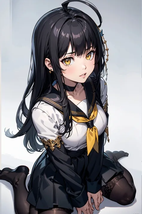 (masterpiece, best quality:1.2), (detailed skin, skin texture), best quality, (intricate detail:1.2), highres, cinematic, sharp focus, cinematic lighting, black outline,
perfect face, perfect eyes, from above, looking at viewer, sitting, wariza, smug, parted lips, 
1girl, long black hair, blunt bangs, large ahoge, yellow eyes, breasts, jewelry, sticker, simple background, gradient background, black serafuku,