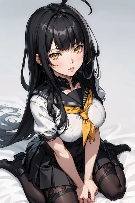 (masterpiece, best quality:1.2), (detailed skin, skin texture), best quality, (intricate detail:1.2), highres, cinematic, sharp focus, cinematic lighting, black outline,
perfect face, perfect eyes, from above, looking at viewer, sitting, wariza, smug, parted lips, 
1girl, long black hair, blunt bangs, large ahoge, yellow eyes, breasts, jewelry, sticker, simple background, gradient background, black serafuku,