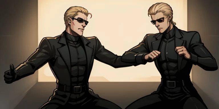 (make a two men kungfu fighting) high quality, detailed face, anime, best quality, masterpiece, cinematic lights, detailed hands, animation, illustration, perfect face, <lora:neg4all_bdsqlsz_V3.5:1>, <lora:dreamlookai_lora_db_bb89d853_ckp_9966b693_step_3000_Wesker:0.7> wesker, <lora:Hiroyuki Kitazume:0.4>, slick back hair, <lora:AlbertWeskerRE:0.5> AlbertWeskerRE, <lora:neg_bdsqlsz_V2:1>, sunglasses, 2boys, black shirt, black trench coat, (blonde hair:1.4), <lora:hyperdenoiser_v090:0.6>, <lora:hyperrefiner_v090:0.6>,
<lora:1_versus_1:1>, kung fu, battle, duel, action shot, parry, straight punch, punch, kick,