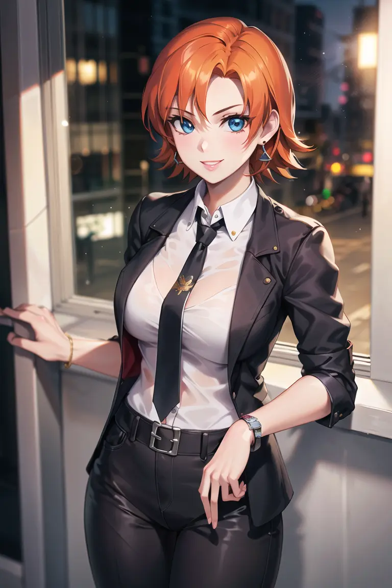 1girl,cowboy shot, beautiful (nora_valkyrie), looking at viewer, smile, short hair, blue eyes, orange hair, indoor,hoop earring, medium breast,office lady, black suit,pants, business clothes, white shirt,black necktie,long necktie,black blet,clock,bracelet, open jacket,(night), window, (volumetric lighting), best quality, masterpiece, intricate details, tonemapping, sharp focus, hyper detailed, trending on Artstation,
