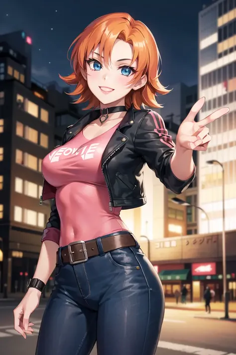 1girl,cowboy shot, beautiful (nora_valkyrie), looking at viewer, smile, short hair, blue eyes, orange hair, (pink shirt), pants, belt, dynamic pose,choker, black jacket, city, smile, outdoors, volumetric lighting, best quality, masterpiece, intricate details, tonemapping, sharp focus, hyper detailed, trending on Artstation,