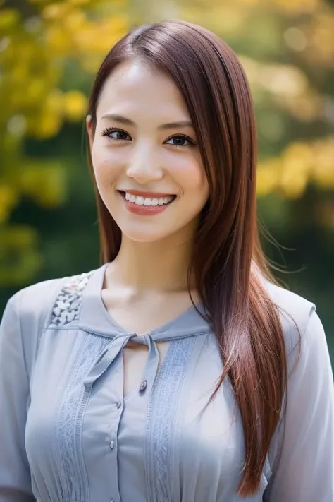 1girl,(wearing a blouse:1.2),(RAW photo, best quality), (realistic, photo-realistic:1.4), masterpiece, an extremely delicate and beautiful, extremely detailed, 2k wallpaper, Amazing, finely detail, extremely detailed CG unity 8k wallpaper, ultra-detailed, highres, soft light, beautiful detailed girl, extremely detailed eyes and face, beautiful detailed nose, beautiful detailed eyes,cinematic lighting,at a park,autumn scenery,bokeh,perfect anatomy,slender body,smiling <lora:tanoasami_lora:0.8>