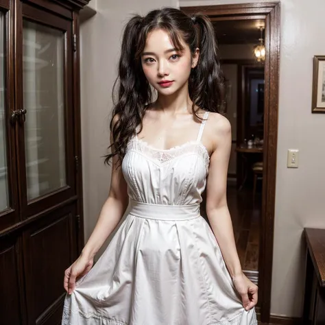 ((13 year old)), ((very young)), petite, Lolita, wavy hair, messy hair, purple hair, extremely detailed face and eyes, highly detailed lips, studio lighting, 8k, (masterpiece), pale skin, green eyes, full body, extremely beautiful, white sundress, thin clothing
