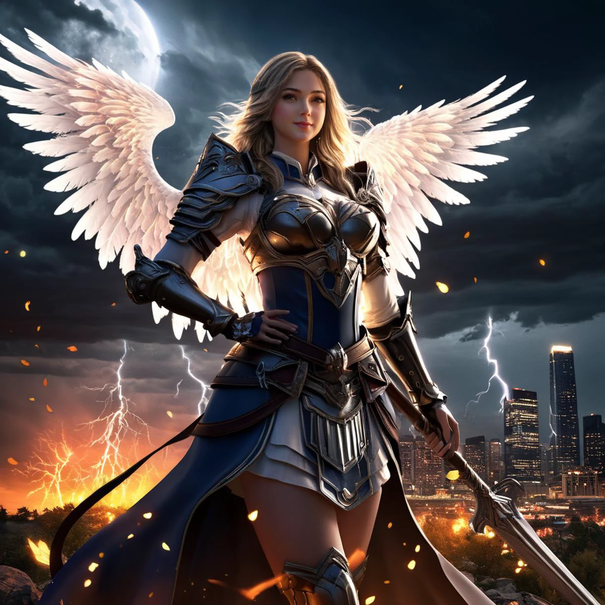 (inspired by Alena Aenami:0.5), magical wallpaper of a beautiful girl in paladin_uniform holding a (mythril_sword:1.2), (divine magic), (hair movement:1.15), (hero:1.1), sparks, fire armor, at night, city on fire, mass_destruction, (falling leaves:1.1), (lightning storms:1.1), fireflies, mountains, moon, trees, aurora, apocalyptic chaos, large-scale, (style photorealistic), (superior quality), (masterpiece), (intricate details), (hyperdetailed), 8k hdr, award-winning, artstation trending, sharp focus, vivid, high contrast, cinematic lighting, dramatic atmosphere, atmospheric perspective, film grain,,full body, <lora:edgWalkureXL:0.3> walkure, portrait , wearing walkure, wings, armor, painted in walkure style, <lora:Gal Gadot:0.4> skswoman, nude,tender smile, <lora:add-detail-xl:0.8>