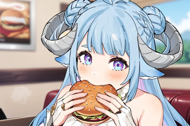 (MinaiAruma:1.2), 1girl, holding food, solo, (burger:1.4), eating, blurry background, looking at viewer, upper body, restaurant, masterpiece, best quality, <lora:MinaiArumaXL_animagine:1>,
<lora:xl_jerma985_eating_a_whopper_(meme)(a3.1)-000012:0.8>,