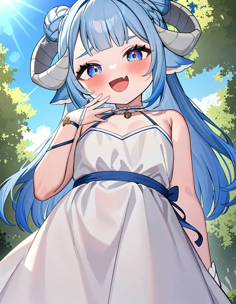 1girl, (MinaiAruma:1.1), (mesugaki:1),
flat chest, ( looli:1.1), aged down, skinny, (covered navel:0.7), narrow waist,
alternate costume, white dress, bare shoulders,
naughty face, doyagao, highly detailed eyes, blue hair, blue eyes, long hair,
from below, looking at viewer, (hand on own chin:1), laughing at viewer, (skirt lift:0.8),
highly detailed background, dutch angle, facing sunlight, sunny day, blue sky, nature, tree, (sfw:1),
<lora:mesugaki_XL_v1:0.8>, <lora:MinaiArumaXL_animagine3:1>, <lora:enhancerV4-xl:0.6>, masterpiece, newest, absurdres