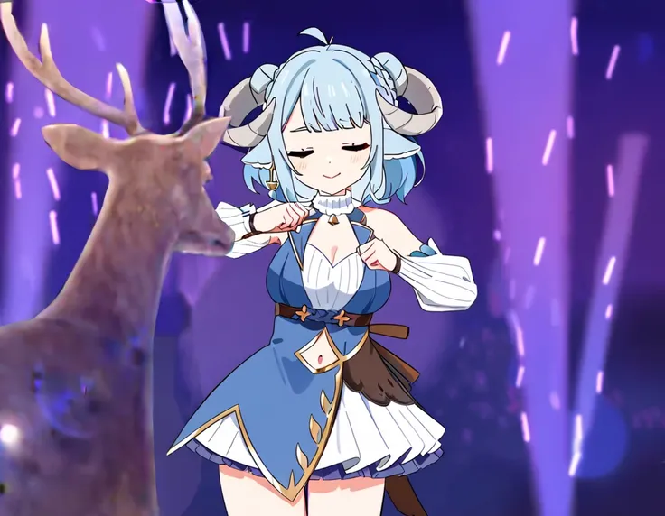 (ray tracing,:0.8), 1girl, (MinaiAruma:1.1), solo, waistcoat, detached sleeves, horn, (navel:0.6),
shikanokonokonokokoshitantan,
>:), closed eyes, deer, glowstick, holding stick, dancing, crowd, <lora:MinaiArumaXL_animagine:1.1>, <lora:shikanokonokonokokoshitantanXL1:0.8>, masterpiece, newest, absurdres