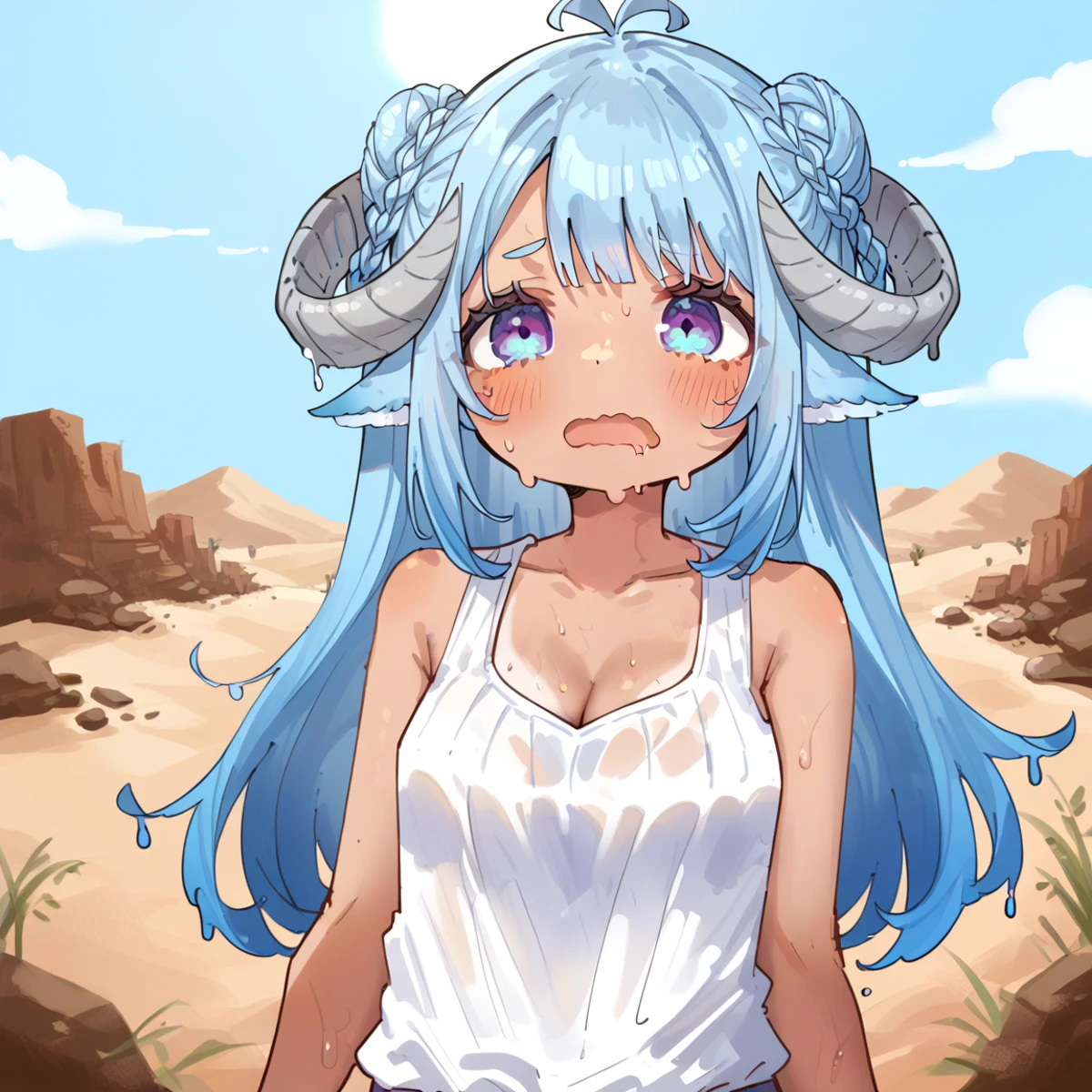 score_9_up, score_8_up, score_7_up, score_6_up, 1girl, MinaiAruma, cowboy shot, (tired:1.1), (open mouth:0.7), wavy mouth, outdoors, intense sun, dripping, (m3lt:1.2), melting, heat, sweat, sunny, flushed, collapsed, cleavage, white singlet, alternate costume, hot, (chibi:0.2), closeup, portrait, blue sky, sun, blue long hair, grey horn, (double bun:0.7), desert,
<lora:MinaiArumaXL_autismmixPony:1>, <lora:Melting:1>, tan, dark-skinned female, masterpiece, newest, absurdres