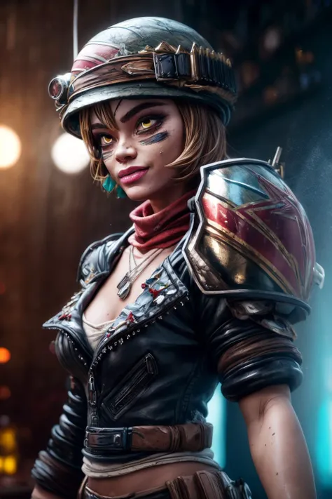 Cinematic film still,  ((detailed facial features)), (cold colors), damp, moist, intricate details, shallow depth of field, [volumetric fog], cinematic lighting, reflections, 50mm lens, F/2.8, HDR, 8k resolution, cinematic film,     <lora:detail_slider_v4:2>  <lora:_add_detail:1>  ,((1 girl)),  <hypernet:better2.5D:0.5>  in a nightclub,   smiling,   <lora:Moze:0.8> Moze,short brown hair,yellow eyes,cheek facepaint, helmet,fingerless gloves,necklace,belt,shoulder armor,scarf,leather jacket,midriff,cleavage