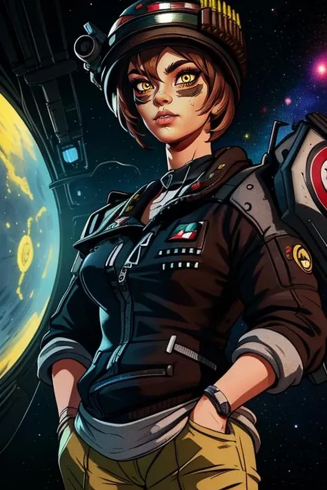 Moze, short brown hair,yellow eyes ,cheek facepaint ,lips, standing, hands in pockets, upper body, cyberpunk bar, space station, (insanely detailed, beautiful detailed face, masterpiece, best quality) <lora:Moze-10v3:0.8>
MoMil, soldier helmet ,