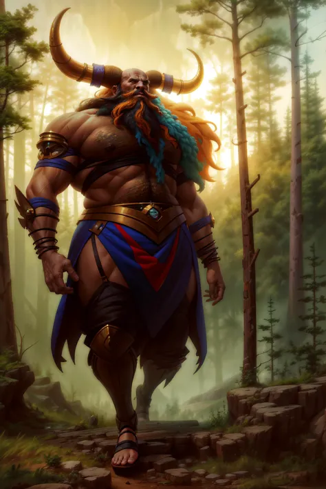 photorealistic, (hyperrealistic:1.2), beautiful, masterpiece, best quality, perfect lighting, (colorful),cinematic lighting,extremely detailed CG unity 8k wallpaper, <lora:PeteMohLargeDataStyle1:1>, petemoh, landscape, scenery, forest, monster, giant, full body, troll, beard, horns,, <lyco:GoodHands-beta2:1.0>, nice hands, perfect hands,