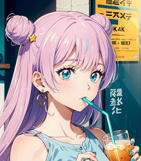(extremely detailed CG unity 8k wallpaper),(masterpiece),(best quality),(ultra-detailed),(best illustration),(best shadow),(absurdres), <lora:OGT_Akari_Watanabe-v2:0.6> Akari Watanabe, 1girl, solo, pink hair, earrings, drinking, jewelry, cup, drinking straw, blue eyes, medium breast, shoulder cutout, long hair, double bun, holding, holding cup, drinking straw in mouth, nail polish, blue nails, clothing cutout, shirt (detailed background)