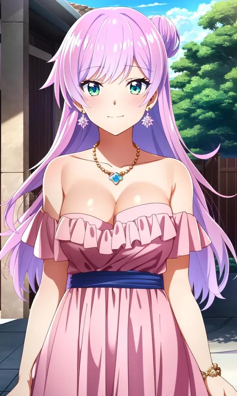 (extremely detailed CG unity 8k wallpaper),(masterpiece),(best quality),(ultra-detailed),(best illustration),(best shadow),(absurdres),<lora:Akari Watanabe:0.8> Akari Watanabe, 1girl, jewelry, solo, pink hair, dress, long hair, medium breast, green eyes, earrings, outdoors, blush, looking at viewer, bare shoulders, tree, necklace, pink dress, off-shoulder dress, slight smile, (detailed background)