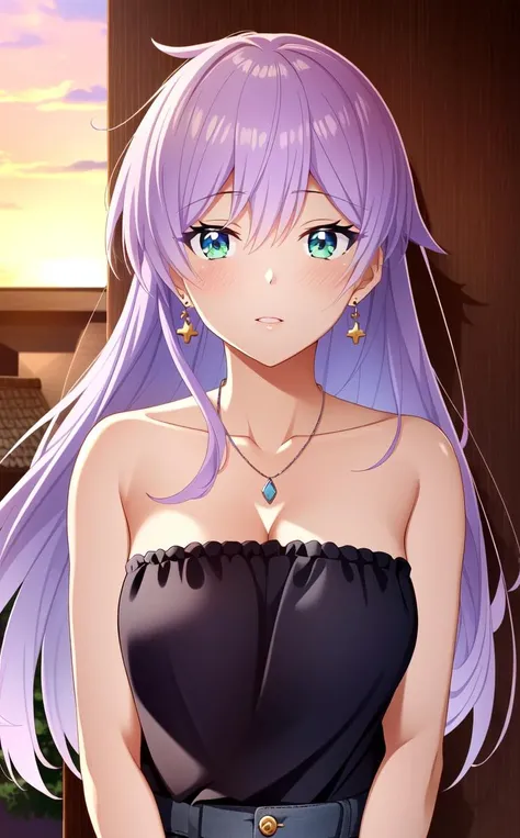 (extremely detailed CG unity 8k wallpaper),(masterpiece),(best quality),(ultra-detailed),(best illustration),(best shadow),(absurdres),<lora:Akari Watanabe:0.7> Akari Watanabe, 1girl, solo, blush, jewelry, long hair, close-up, pink hair, looking at viewer, hair between eyes, green eyes, lip gloss, eye shadow, bare shoulders, strapless blouse, parted lips, necklace, purple hair, earrings, Standing by a shrine at sunset, (detailed background)