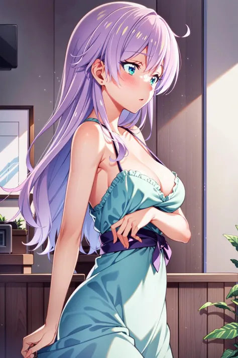 1 girl, Alone, nakano nino, pink hair, butterfly hair ornament, (naked:1.3), (White apron), big breasts, neckline, Thighs, coffee background, (blush:1.3)