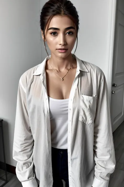 <lora:pooja_hegde:1>, p00j4,white shirt,