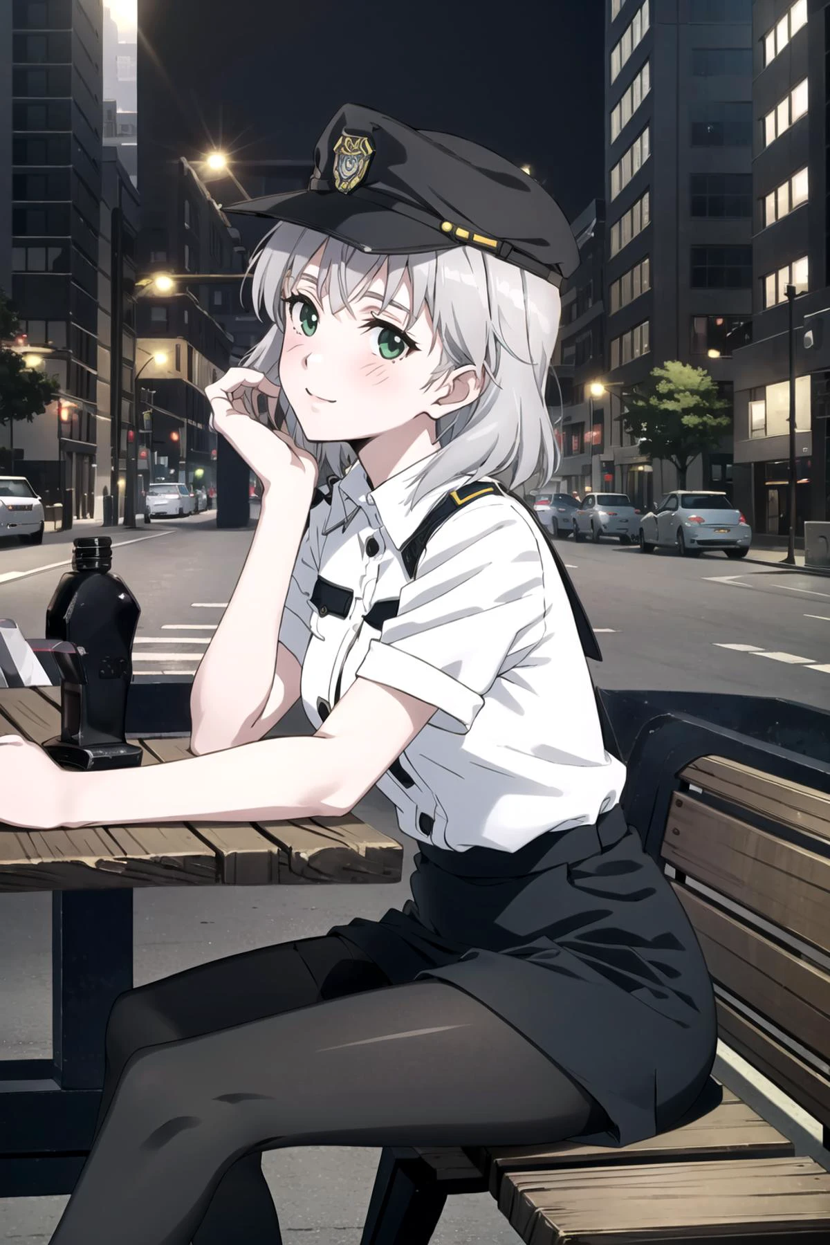 ((masterpiece)), (absurdres:1.3), ((beautiful detailed cinematic light: 1.3)), (extremely detailed CG unity 8k wallpaper:1.3), (ultra-detailed:1.3), (depth of field:1.3), (best shadows:1.3), (perfect anatomy:1.3), (detailed eyes:1.3), (wide-set eyes:1.3), (large eyes :1.3), <lora:GoodHands-vanilla:1>, (2D:1.2), (anime:1.2), (anime screencap:1.2),
masterpiece,best quality,highres,ultra-detailed,aasanya,short hair,green eyes,silver hair,<lora:Sanya_v_Litvyak:0.6:lbw=FACE>
((outdoor:1.3)), (cityscape:1.3), (street:1.0),
blush, embarrassed, light smile, sitting, crossed legs, from side, sitting on bench, head rest, head tilt, <lora:uniform_20230808200238:0.7>,uniform11,police uniform,hat
(black thighband pantyhose:1.2), cowboy shot, looking_at_viewer,
<lora:age_slider_v2:-1>