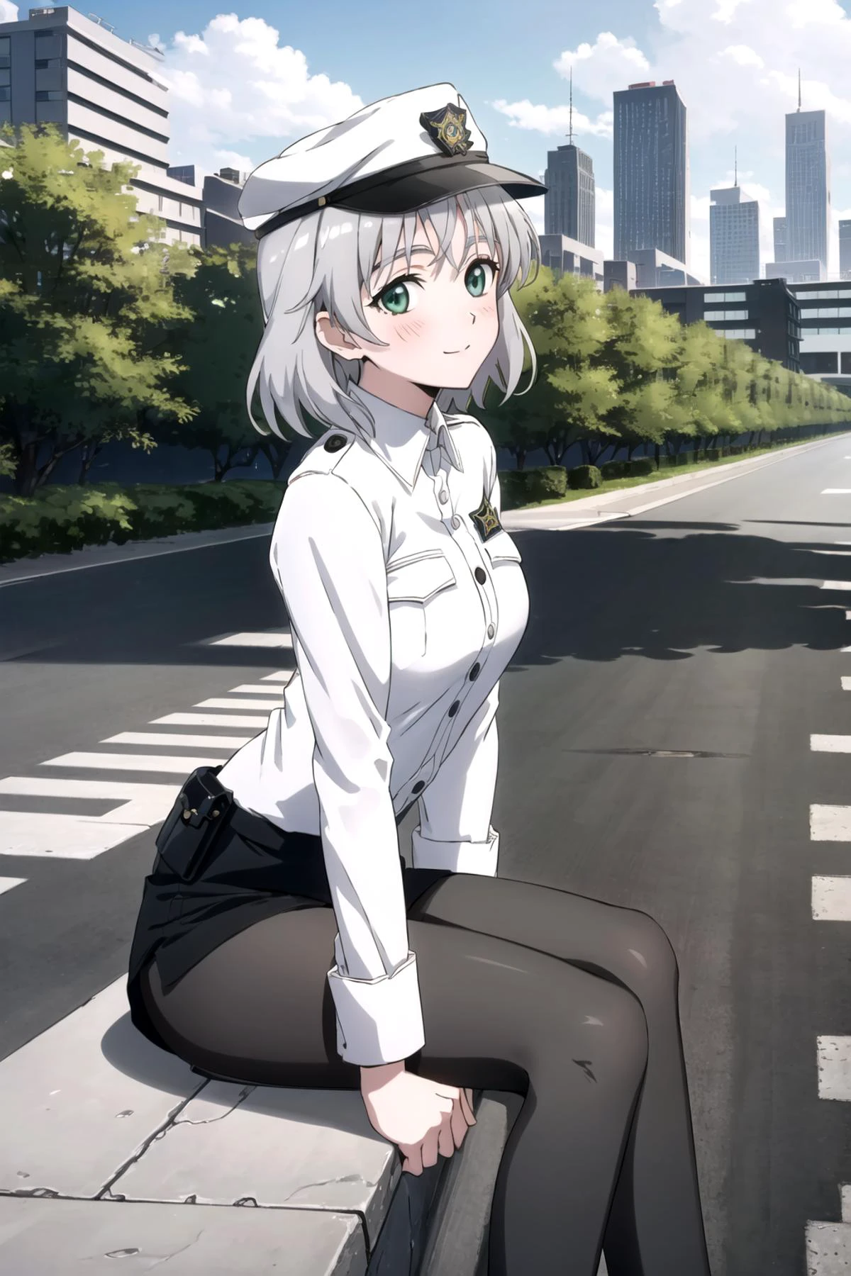 ((masterpiece)), (absurdres:1.3), ((beautiful detailed cinematic light: 1.3)), (extremely detailed CG unity 8k wallpaper:1.3), (ultra-detailed:1.3), (depth of field:1.3), (best shadows:1.3), (perfect anatomy:1.3), (detailed eyes:1.3), (wide-set eyes:1.3), (large eyes :1.3), <lora:GoodHands-vanilla:1>, (2D:1.2), (anime:1.2), (anime screencap:1.2),
masterpiece,best quality,highres,ultra-detailed,aasanya,short hair,green eyes,silver hair,<lora:Sanya_v_Litvyak:0.6:lbw=FACE>
((outdoor:1.3)), (cityscape:1.3), (street:1.0),
blush, embarrassed, light smile, sitting, crossed legs, from side, sitting on bench, <lora:uniform_20230808200238:0.7>,uniform11,police uniform,hat
(black thighband pantyhose:1.2), cowboy shot, looking_at_viewer,
<lora:age_slider_v2:-1>