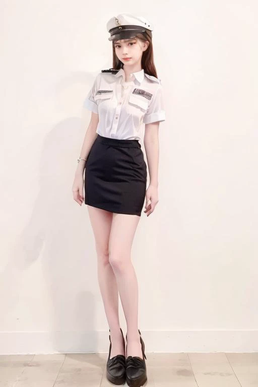 <lora:Javanese_Girl_V5:0.8> woman, girl, teen, solo, white shirt, white collared shirt, short sleeves, black skirt, full body, medium breast, black mary janes, white socks, standing straight, slender body, 2 top button shirt undone, indoor, photo model, photo studio, body height 158 cm, body weight 43kg, <lora:uniform11:0.8> uniform11,police uniform,hat