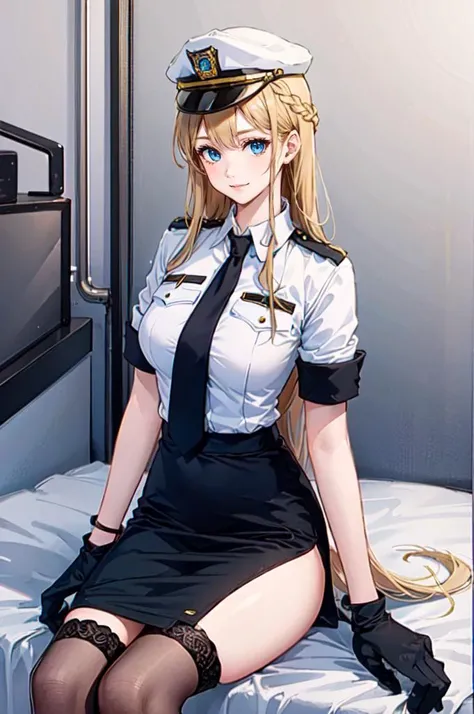 <lora:uniform_20230808200238:0.75> uniform11,police uniform,hat,, ultra detailed, masterpiece, best quality, aesthetic, detailed,, solo, soft smile, light smile,
1girl, blue eyes, very long hair, blonde hair, long blonde hair, french braid, bangs, medium breasts,