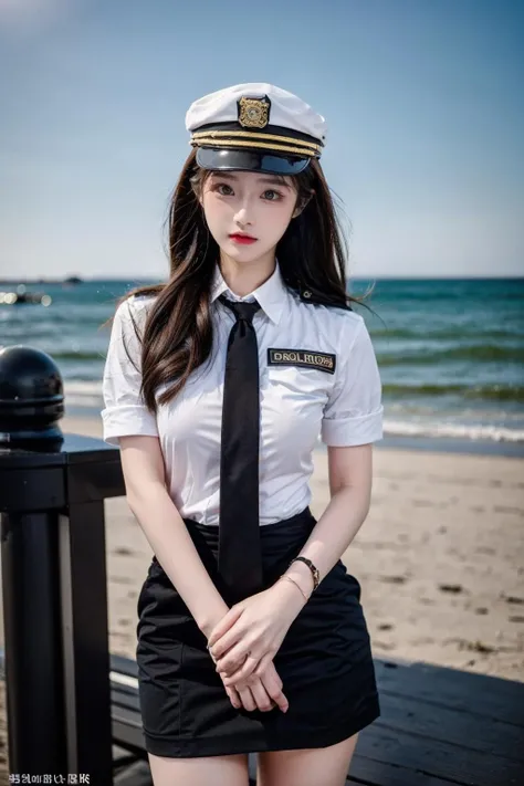 (best quality),[masterpiece],((beautiful:0.75) cute girl:0.75),(EOS R8,50mm,F1.2,8K,RAW photo:1.2),Professional,ultra-fine painting,1girl,long hair,outdoors,(front:1.3),cloud,sky,seaside background,standing,
<lora:add_detail:0.6>,
<lora:uniform11:0.75> uniform11,police uniform,hat