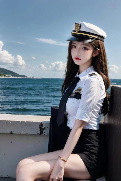 (best quality),[masterpiece],((beautiful:0.75) cute girl:0.75),(EOS R8,50mm,F1.2,8K,RAW photo:1.2),Professional,ultra-fine painting,1girl,long hair,outdoors,(front:1.3),cloud,sky,seaside background,sitting,
<lora:add_detail:0.6>,
<lora:uniform11:0.75> uniform11,police uniform,hat