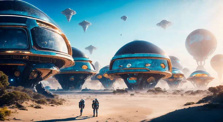 UHD, anatomically correct, textured skin, ccurate, super detail, high details, award winning, best quality, high quality,future world,city in an oasis, Science and technology sense architecture, A giant robot, blue planets in the sky, Tiny human beings., The sun is on the horizon, Colorful light,<lora:Tesseract_2.0:1>