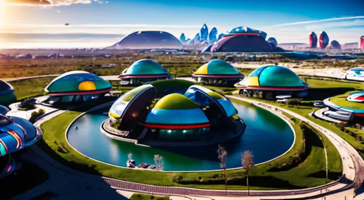 UHD, anatomically correct, textured skin, ccurate, super detail, high details, award winning, best quality, high quality,future world,city in an oasis, Science and technology sense architecture, A giant robot, blue planets in the sky, Tiny human beings., The sun is on the horizon, Colorful light,<lora:Tesseract_2.0:1>
