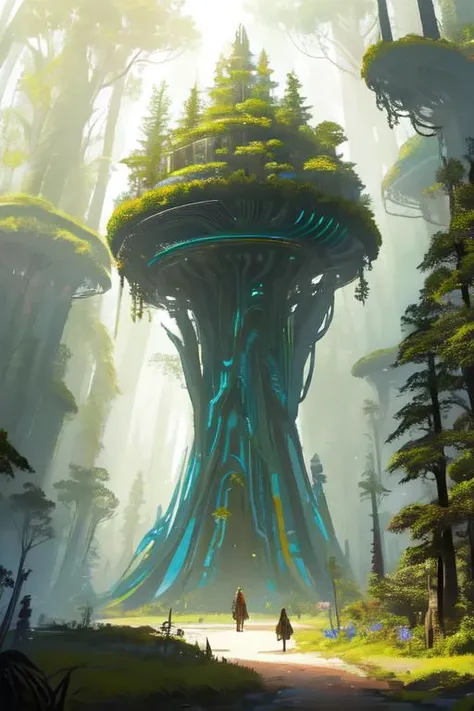 woman in a mythical forest, masterpiece, perfect face, intricate details, horror theme <lora:Tesseract_2.0:1> future world, landscape, futuristic