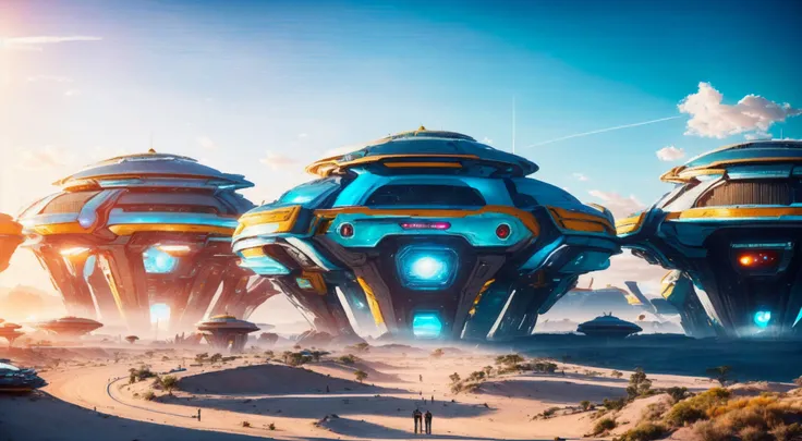 UHD, anatomically correct, textured skin, ccurate, super detail, high details, award winning, best quality, high quality,future world,city in an oasis, Science and technology sense architecture, A giant robot, blue planets in the sky, Tiny human beings., The sun is on the horizon, Colorful light,<lora:Tesseract_2.0:1>
