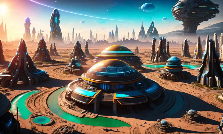 UHD, anatomically correct, textured skin, ccurate, super detail, high details, award winning, best quality, high quality,future world,city in an oasis, Science and technology sense architecture, A giant robot, blue  planets in the sky, Tiny human beings., The sun is on the horizon, Colorful light,<lora:Tesseract_2.0:1>