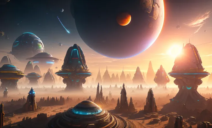 UHD, anatomically correct, textured skin, ccurate, super detail, high details, award winning, best quality, high quality,future world,city in an oasis, Science and technology sense architecture, A giant robot, There are two planets in the sky, Tiny human beings., The sun is on the horizon, Colorful sunset ,<lora:Tesseract_2.0:1>