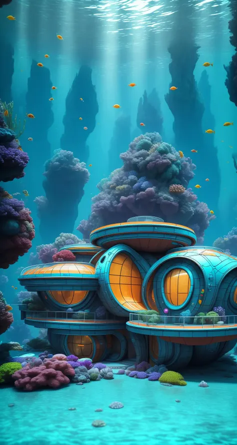 underwater BREAK underwater metal sci-fi 60s style house with oval forms <lora:Tesseract_2.0:1>, vivid colors,