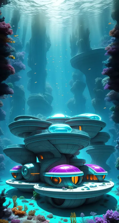 underwater BREAK underwater metal sci-fi 60s style house with oval forms <lora:Tesseract_2.0:1>, vivid colors,