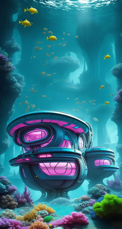underwater BREAK underwater metal sci-fi 60s style house with oval forms <lora:Tesseract_2.0:1>, vivid colors,